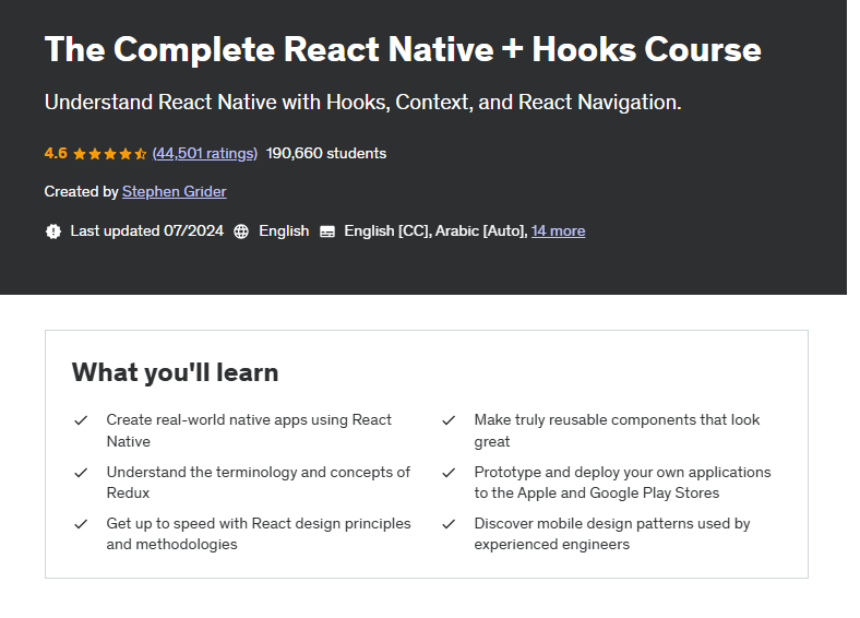 The Complete React Native + Hooks Course