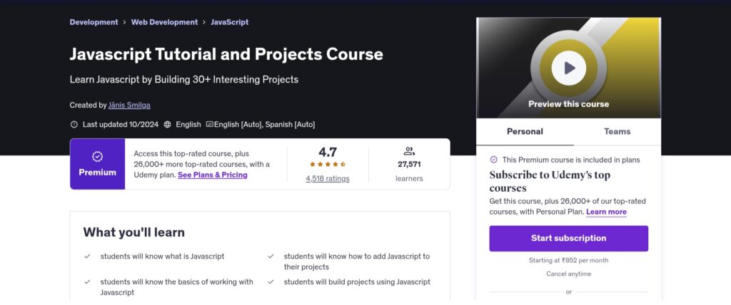 JavaScript Tutorial and Projects Course