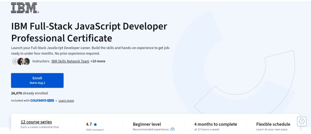 IBM Full Stack JavaScript Developer Professional Certificate