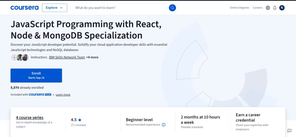 JavaScript Programming with React, node MongoDB Specialization