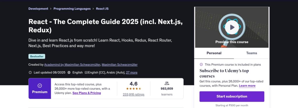 React – The Complete Guide (incl. Redux, Next.js, React Router, Hooks) React – The Complete Guide (incl. Redux, Next.js, React Router, Hooks)