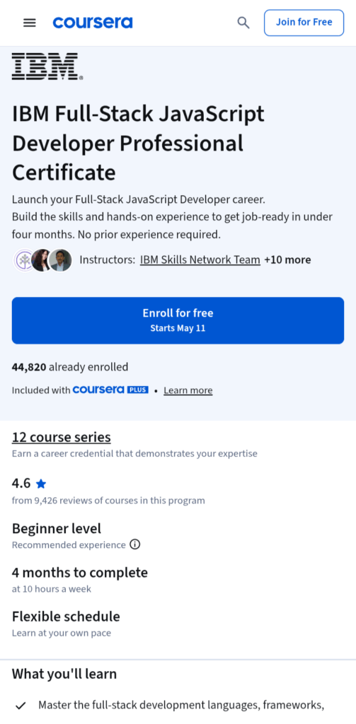 IBM Full-stack javascript developer