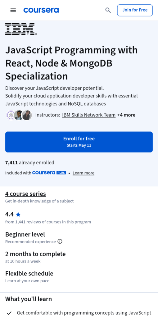 javascript programming with react, node, mongodb