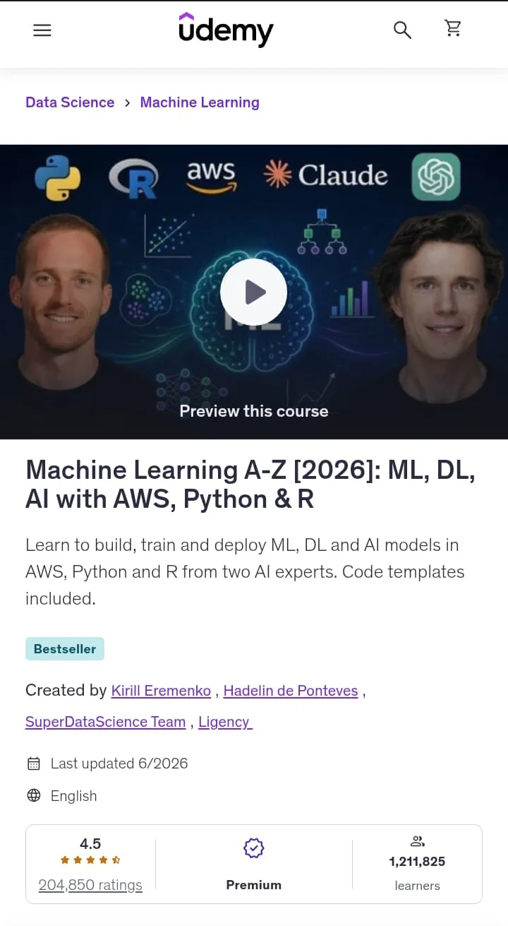 Machine Learning A-Z - ML, DL, AI with AWS, Python and R Machine Learning A-Z - ML, DL, AI with AWS, Python and R