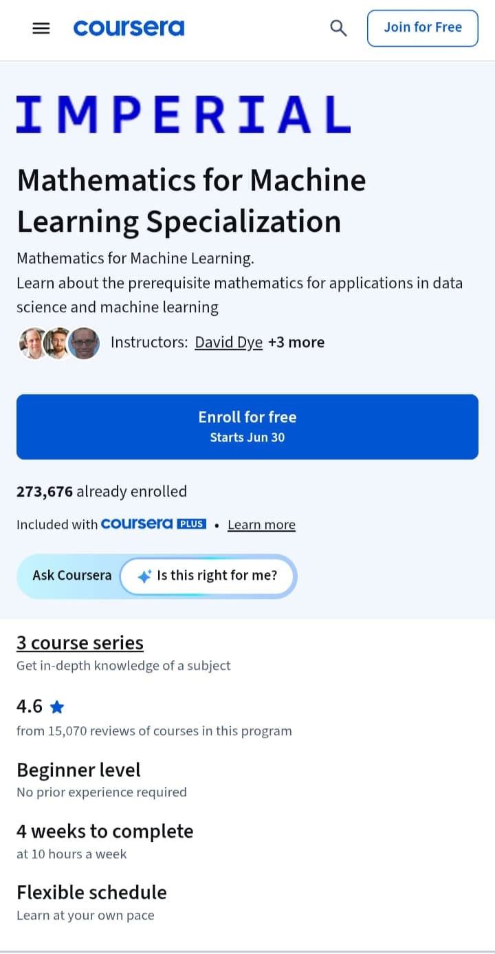 Mathematics for Machine Learning Specialization Mathematics for Machine Learning Specialization