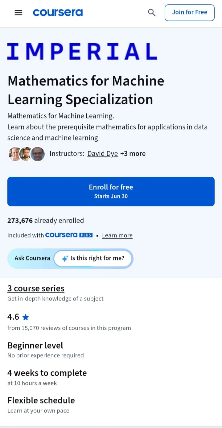 Mathematics for Machine Learning Specialization Mathematics for Machine Learning Specialization