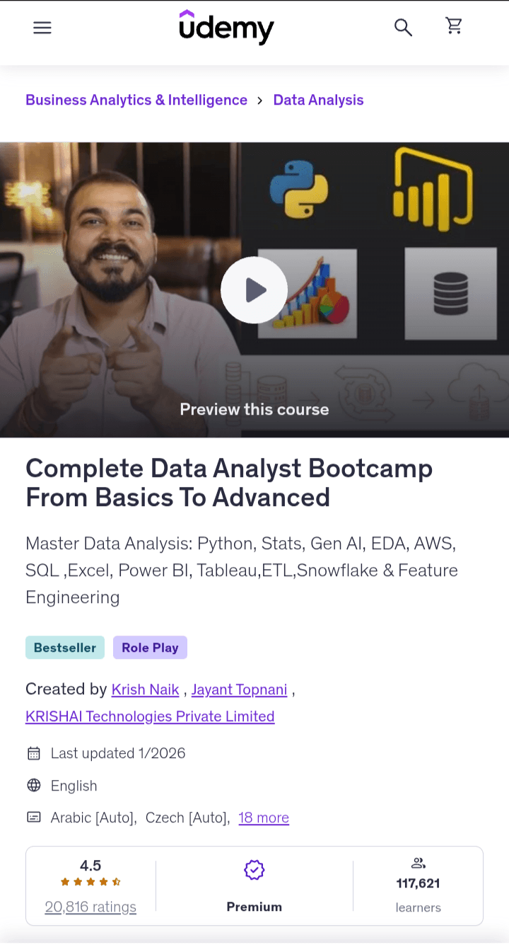 Complete Data Analyst Bootcamp From Basics to Advanced (Udemy – Krish Naik)