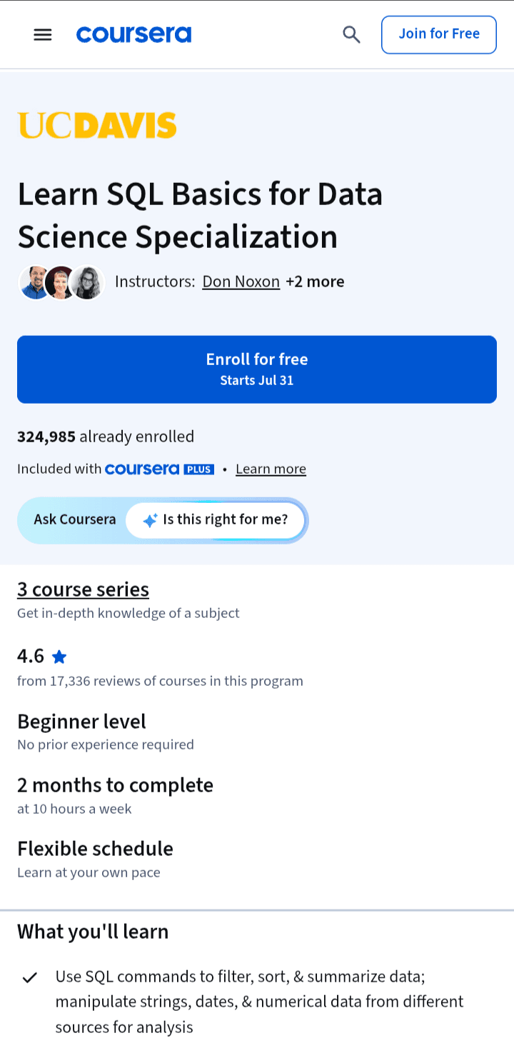 Learn SQL Basics for Data Science (Coursera – UC Davis)