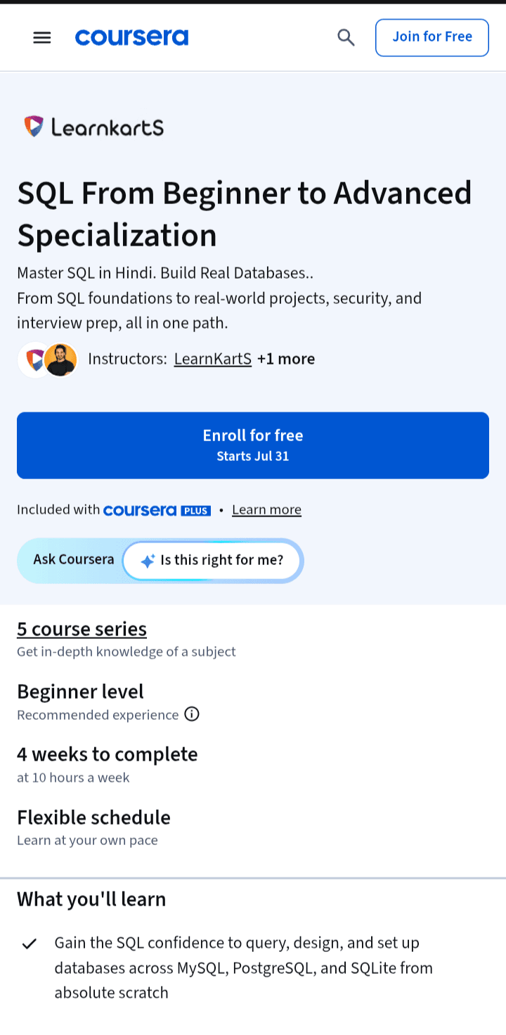 SQL From Beginner to Advanced (Coursera – LearnKartS)