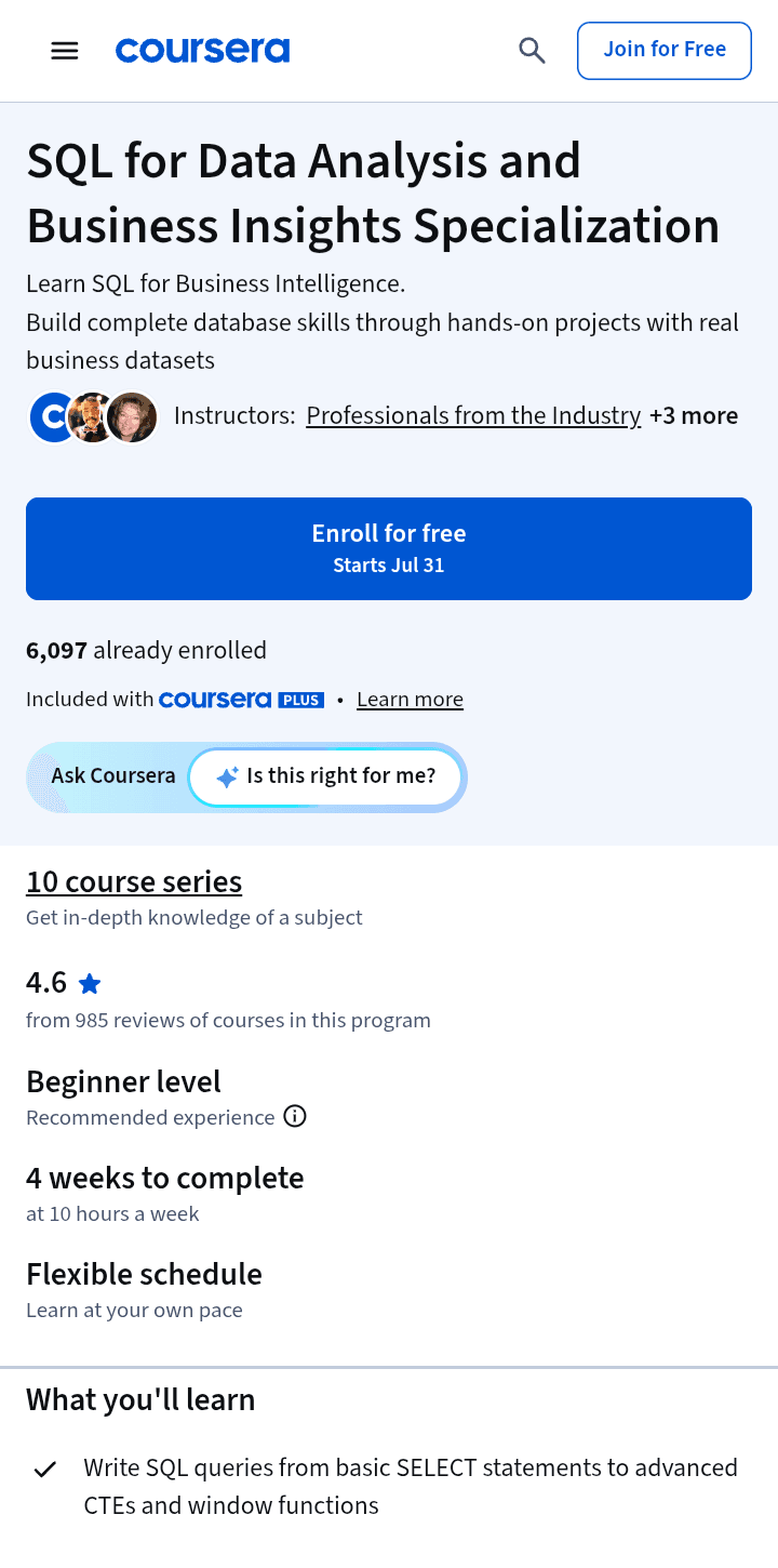 SQL for Data Analysis and Business Insights (Coursera)
