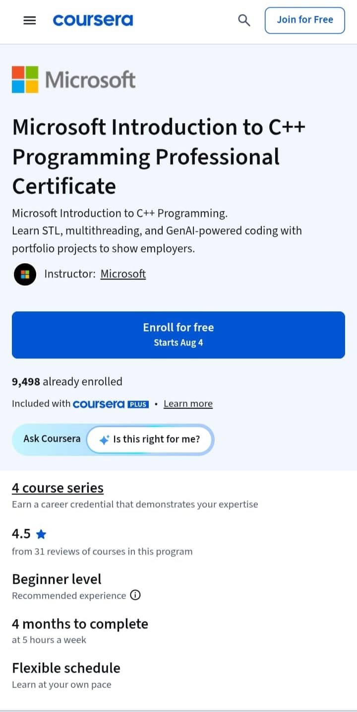 Microsoft Introduction to C++ Programming Professional Certificate – Coursera Microsoft Introduction to C++ Programming Professional Certificate – Coursera