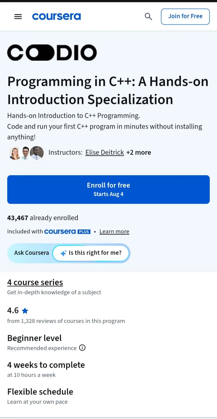 Programming in C++: A Hands-on Introduction – Coursera