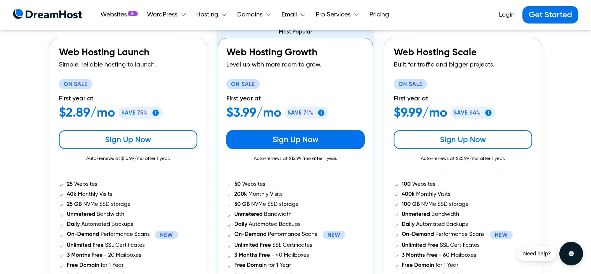 DreamHost Web Hosting Pricing